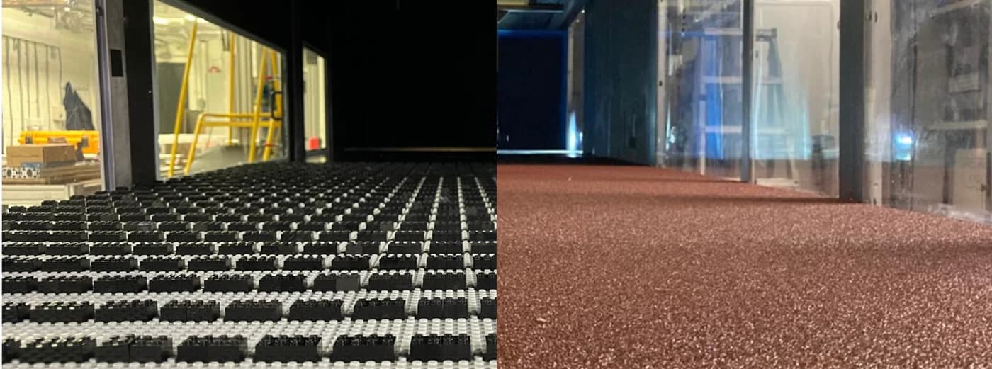 Two rough-wall test surfaces in a wind tunnel test section